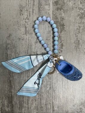 Blue Beaded Wristlet Key & Card Holder with Scarf Accent